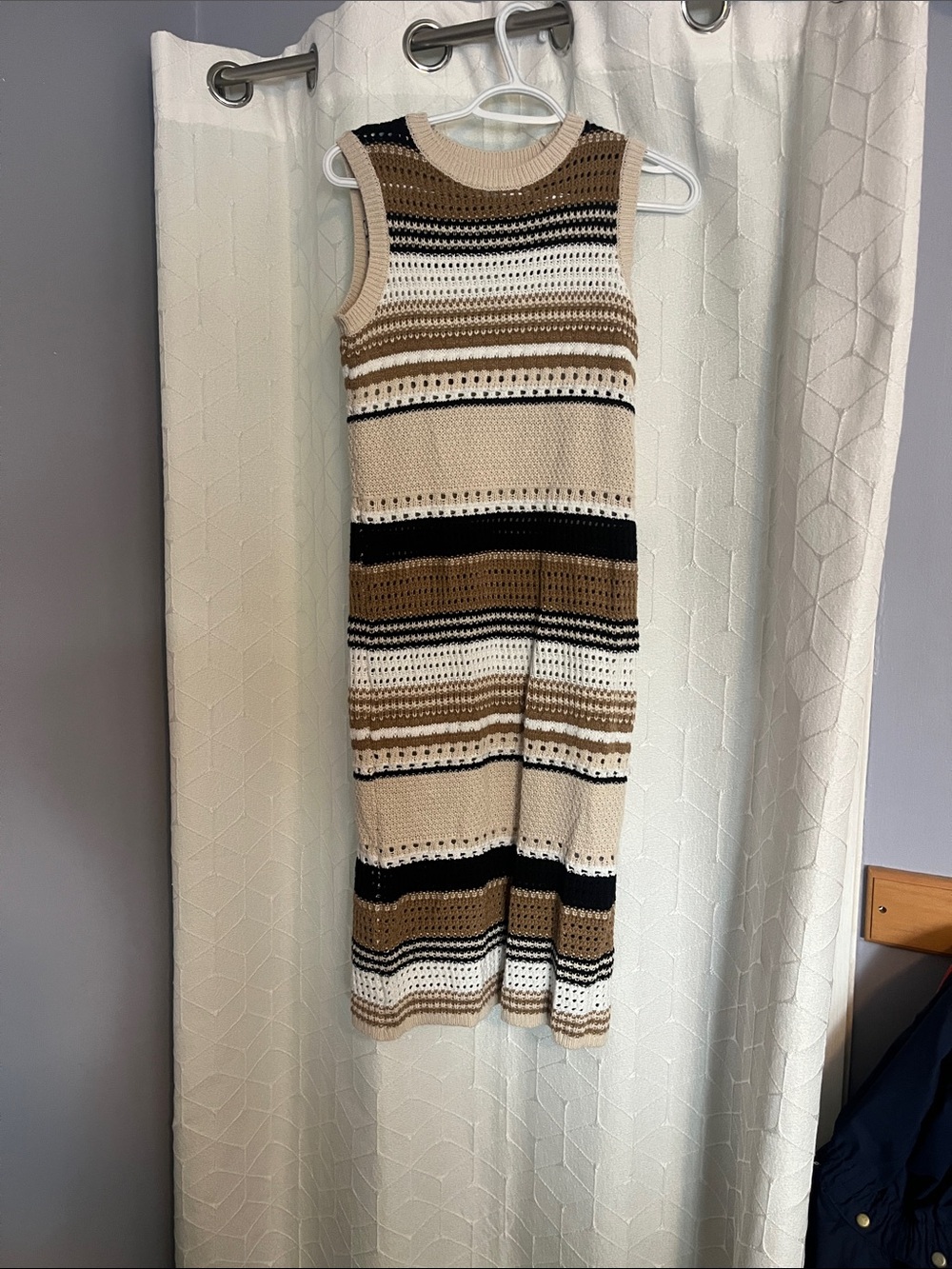 Sleeveless Striped Crochet Midi Dress in Beige, Black & White
